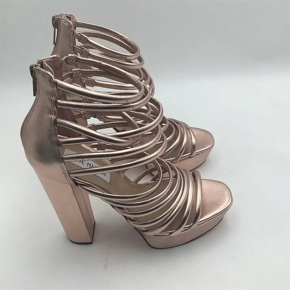 Steve Madden Liana Strappy Caged Platform‎ Block Heel Sandals Gold 9